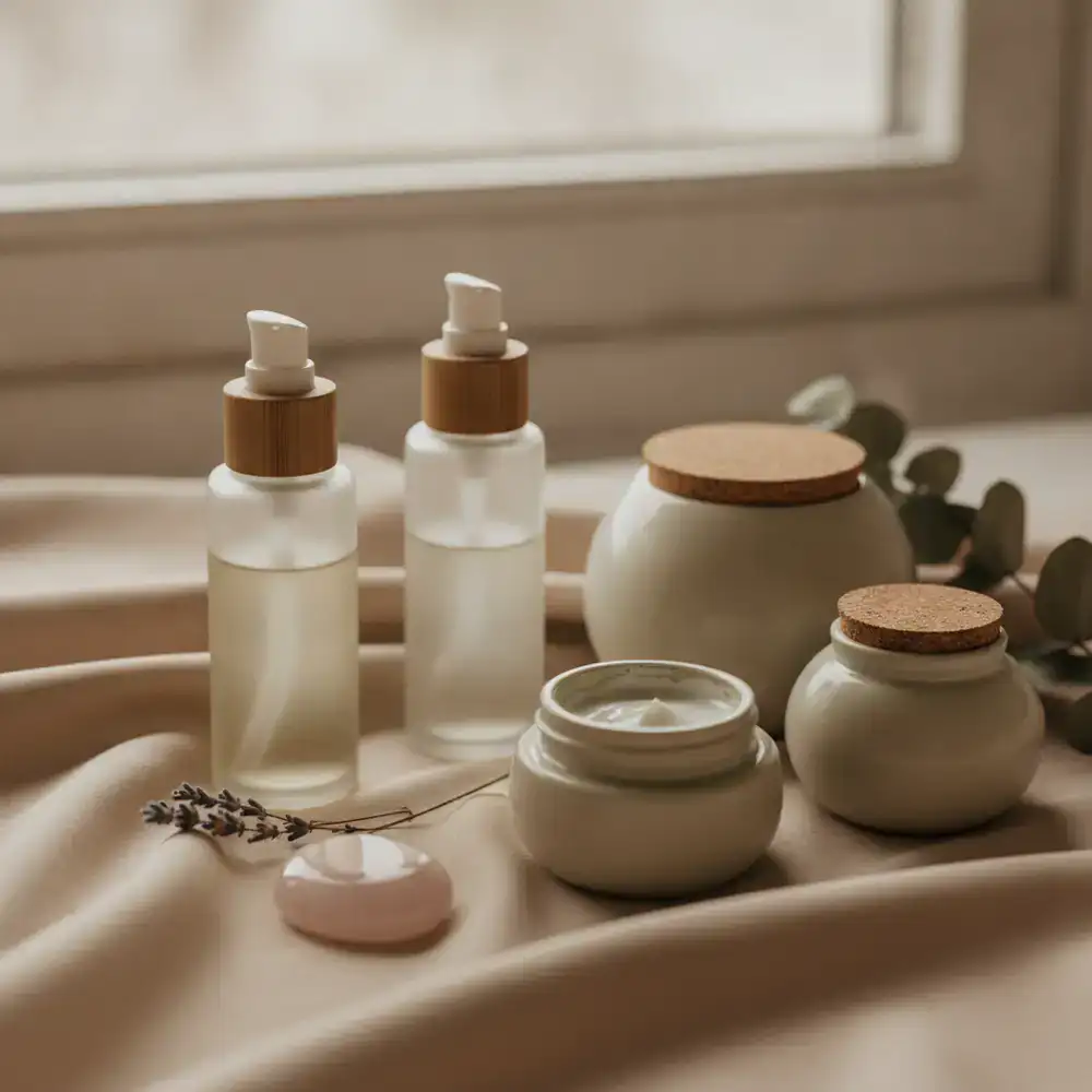 Bright and elegant natural skincare products displayed on a soft beige surface