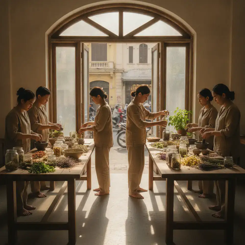 Documentary style photo of our team mixing organic botanicals in District 1