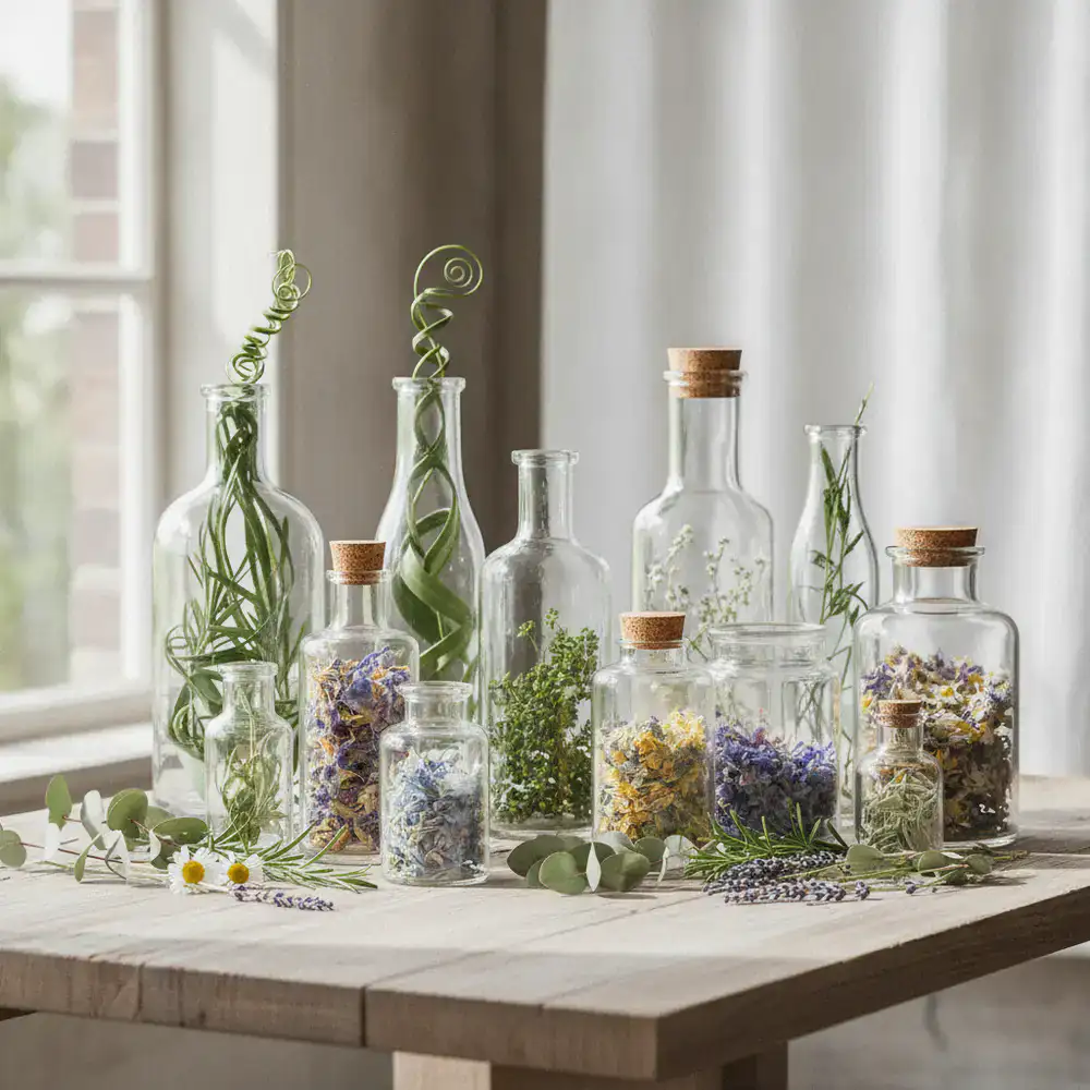 Eco-conscious glass packaging and fresh botanical elements arranged artistically
