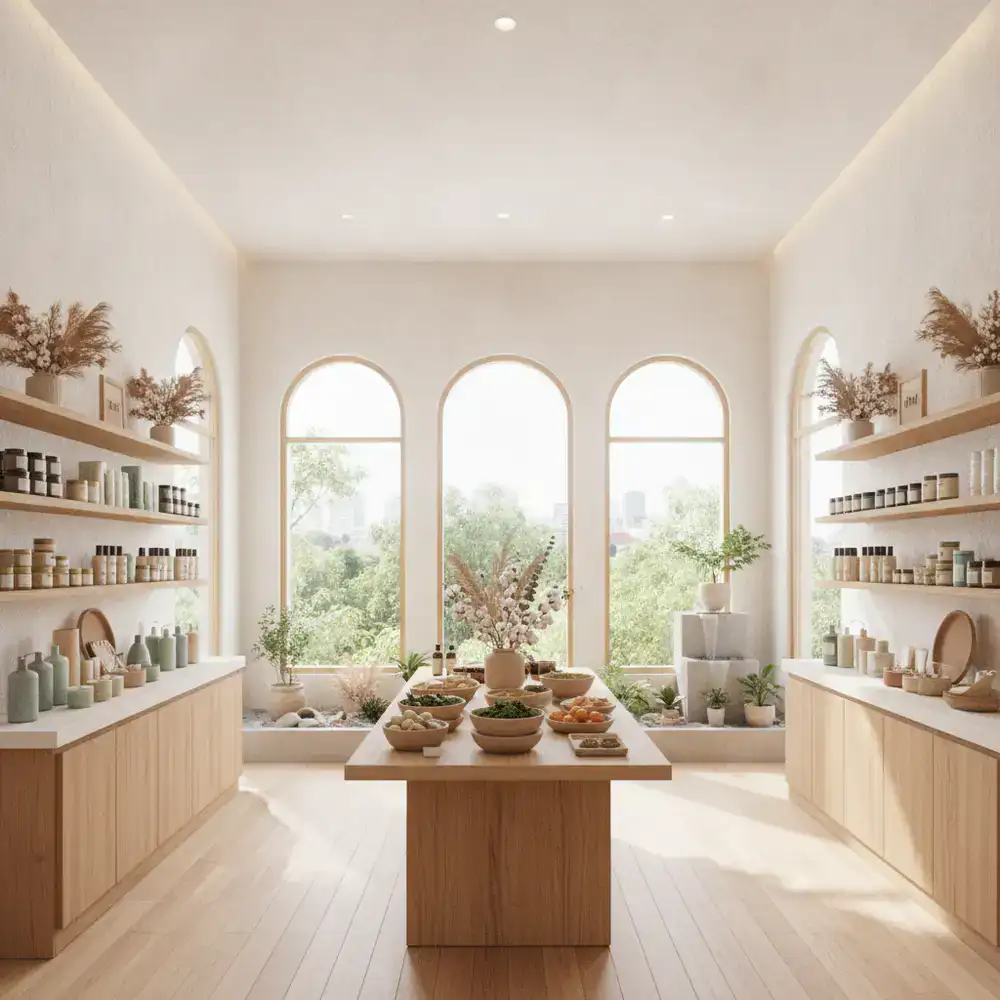 Bright and elegant natural cosmetics store interior in Ho Chi Minh City, emphasizing clean beauty and wellness