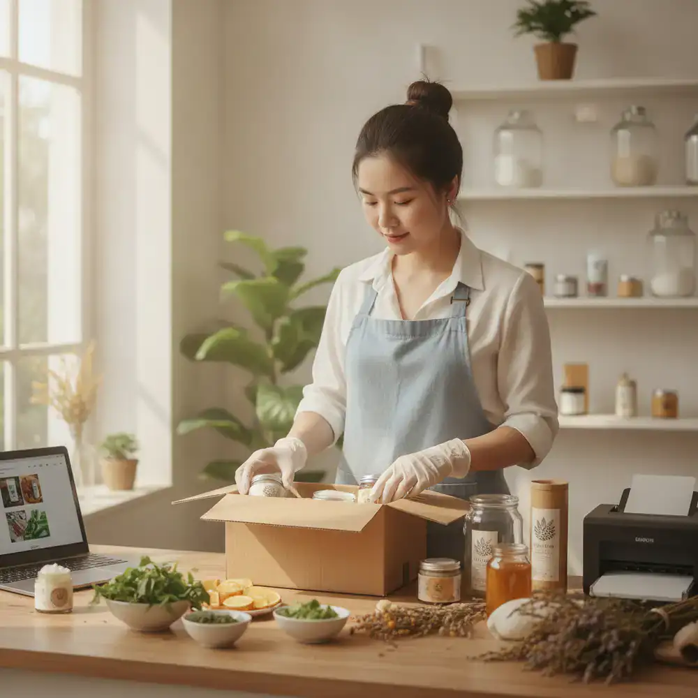 A FreshChoice Naturals team member preparing organic skincare products for an online order in Vietnam