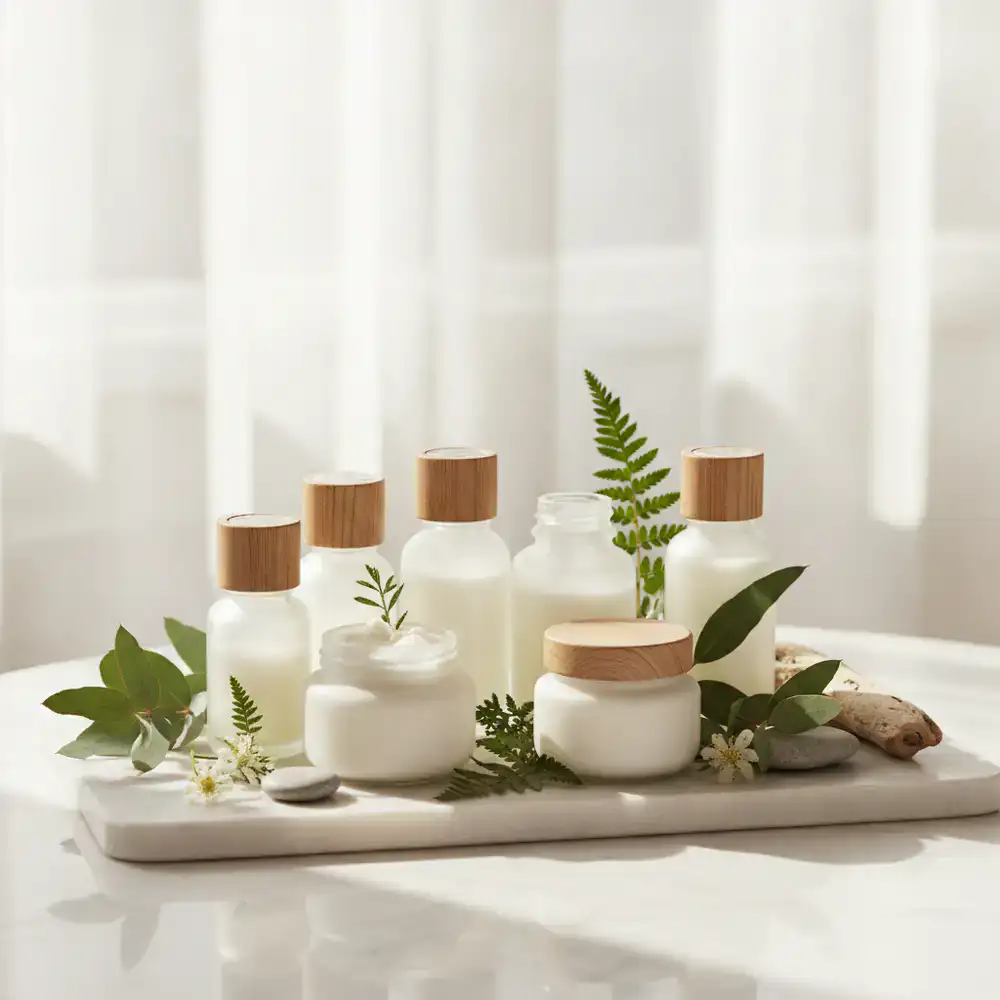 Elegant presentation of natural skincare products accompanied by fresh green botanicals