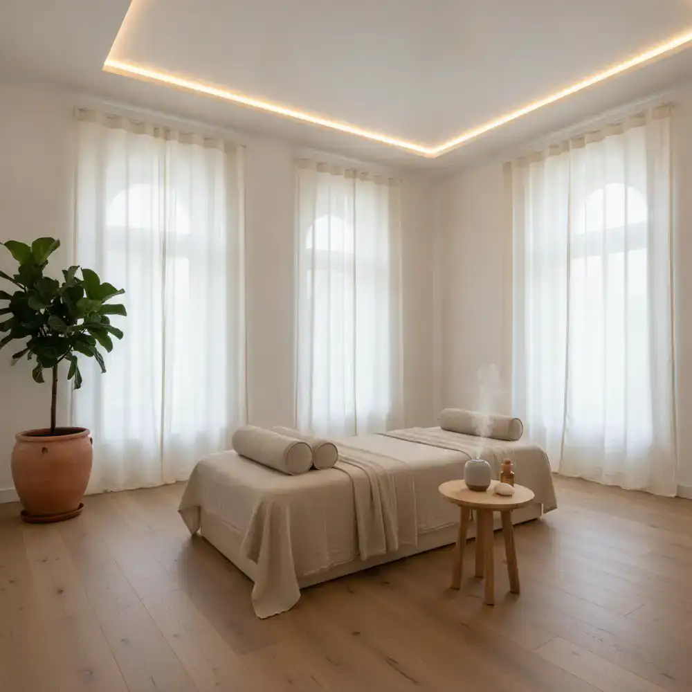 Calm, minimalist interior of a natural wellness studio with soft lighting