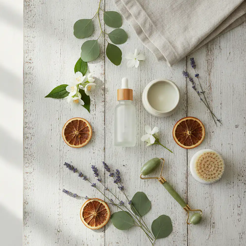 Natural beauty lifestyle flatlay with botanicals and products