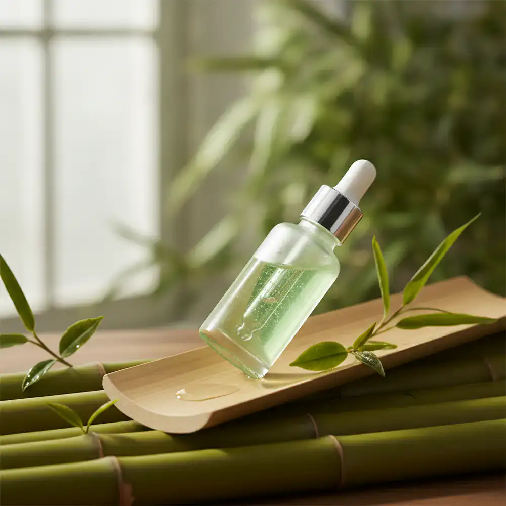 Botanical green tea face serum bottle placed gently on natural bamboo