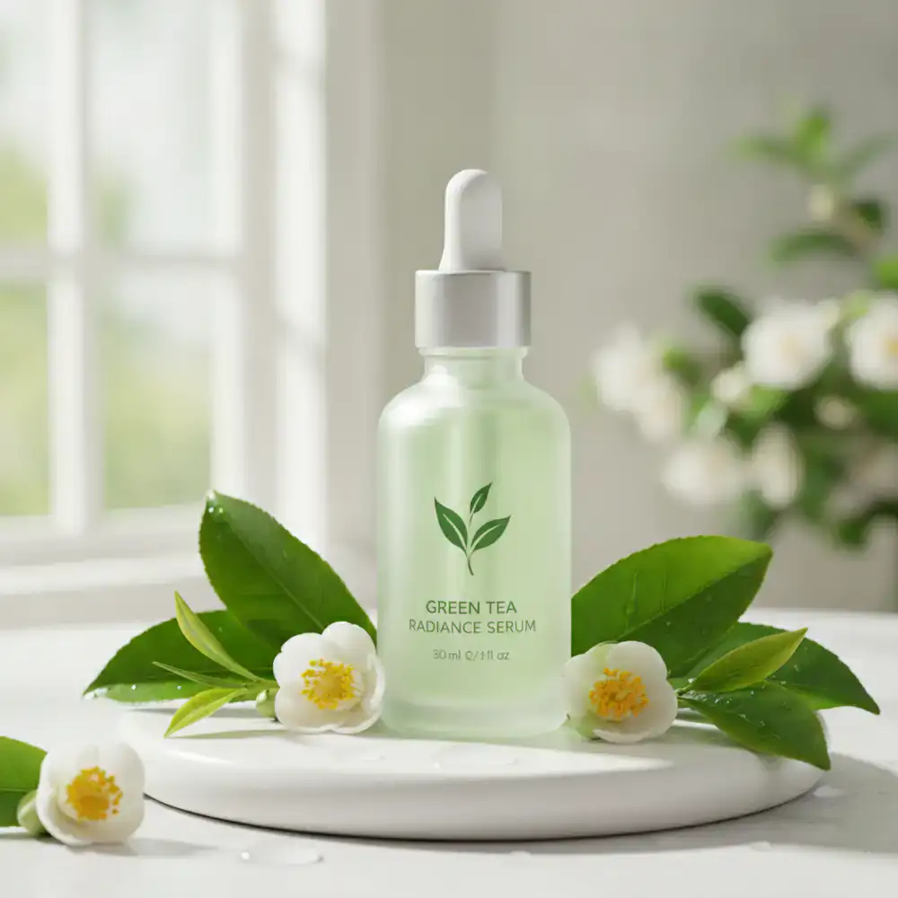 Green Tea Radiance Serum in a frosted glass dropper bottle