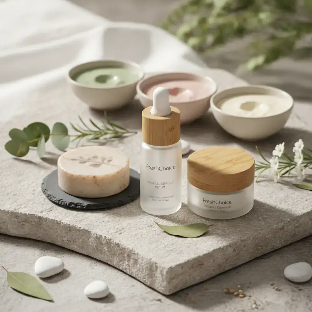 Elegant display of FreshChoice natural cosmetics on a stone surface